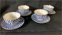 4 Russian porcelain tea cups & saucers in Cobalt
