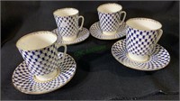 4 Russian porcelain cups & saucers Hand painted by