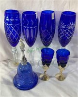 4 cobalt blue glass champagne flutes, cut to