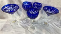 5 cobalt blue glass drinking glasses, cut to