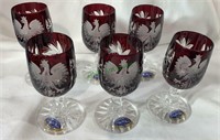 6 Ruby red Marika shot glasses, ruby red cut to