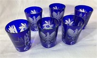 6 cobalt blue Russian shot glasses, cut to clear,