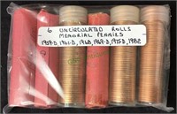 Coins, six uncirculated rolls, Memorial pennies,