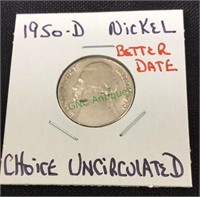 Coin, 1950 D nickel, choice uncirculated, better
