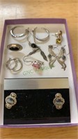 3 pair and 6 single silver earrings. Most marked