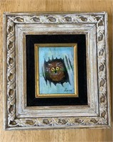 Vintage framed enamel on copper owl signed Lucey.