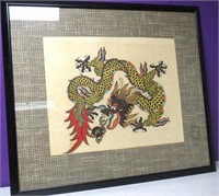 Vtg Framed Chinese Dragon Painting 32"x35"
