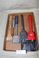 FLAT BOX OF TOOLS - MOSTLY PAINT SCRAPERS