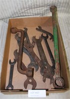 FLAT BOX OF VTG. FARM & IMPLEMENT WRENCHES