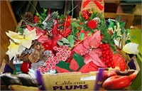 LARGE FLAT BOX OF ASSORTED CHRISTMAS DECORATIONS