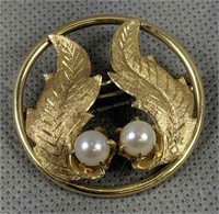 14k Gold Brooch 5dwt Leaves With Pearls