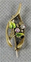 14k Gold Wishbone Diamond Brooch W Flowers 1.6 Dwt