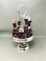 Ruby glass condiment set & silverplate carousel
