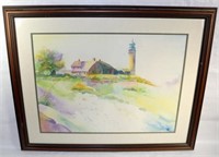 [C]~ Framed Watercolor Lighthouse Signed T Randall
