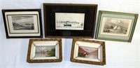 [C]~Lot of 5 Various Vintage Ship Print & Painting