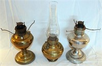[M] ~ (Lot of 3) Brass & Nickel Plate Oil Lamps
