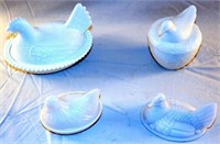 [M] ~ (Lot of 3) Milks Glass Hen Dishes + Loose Co