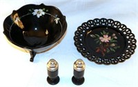 [M] ~ Hand Painted Onyx Glass Dish, Bowl & S/P Sha