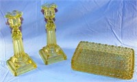 [M] ~ Vaseline Glass Candlesticks & Quilted Tray