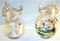 [M] ~ (Lot of 2) Hand Painted Blown Glass Pitchers