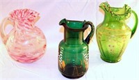 [M] ~ (Lot of 3) Hand Painted Fluted Glass Pitcher