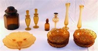 [M] ~ Lot Various Amber Glass Vases, Perfumes & Pl