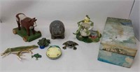 Box of frog figurines and miscellaneous