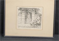 Pencil signed engraving of a gated entry