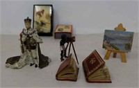 Box of miniture figurines books and miscellaneous