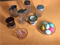 Miscellaneous glassware and five glass eggs