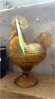 VINTAGE AMBER COLORED SITTING CHICKEN CANDY DISH