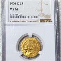 1908-D $5 Gold Half Eagle NGC - MS62