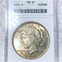1934 Silver Peace Dollar ANACS - MS61