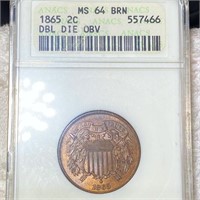 1865 DDO Two Cent Piece ANACS - MS 64 BRN