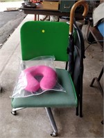2 chairs, umbrella, and neck pillow