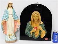 2 Vintage Mother Mary Chalk Art Glass Pieces Italy