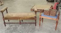 2 Antique Upholstered Benches & Sewing Box