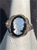 Blue and white cameo ring sized nine