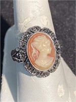 Cameo ring set in sterling silver. Size 8 1/2