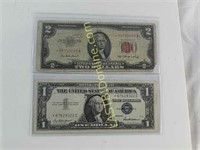 Rare 1953 $2 Red Seal Star Note & $1 Silver Certif