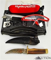 Wood Handle Knife w/ Sheath , UVEX Safety Glasses