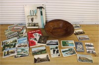 Vintage post cards, childs tool set, and bowl