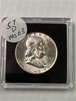 1957 D Franklin Silver Half Dollar MS63