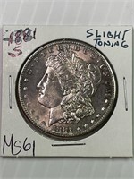 1881 S Morgan Silver Dollar MS 61 Slight Toning