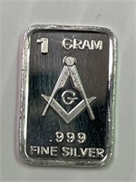 Masonic 1 Gram Silver Bar