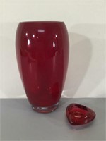 Red Glass Vase & Heart Votive Holder