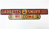 Original "Garrett's Snuff" tin door sign