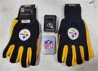 2 pair of Steelers gloves and Zippo lighter