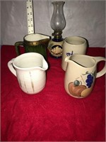 4 Pottery Pitchers and  small lamp