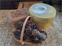 Vinyl Ottoman, Basket of Pinecones, Sewing Basket